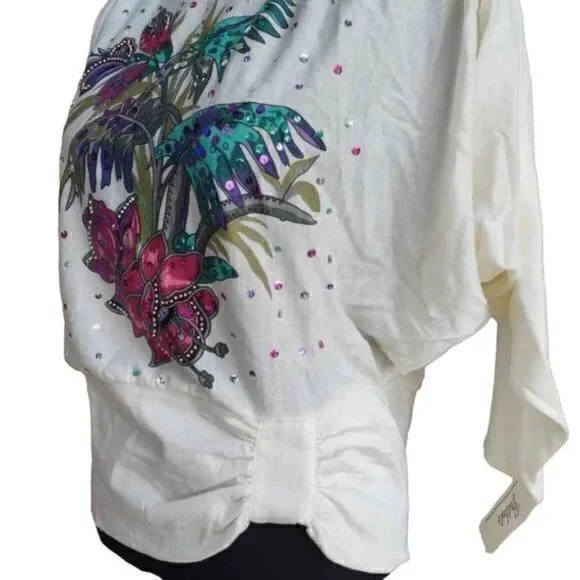 Bonnie Boerer Sequin Tropical Flower Dolman Sleeve Top Sz PS - Picture 4 of 14